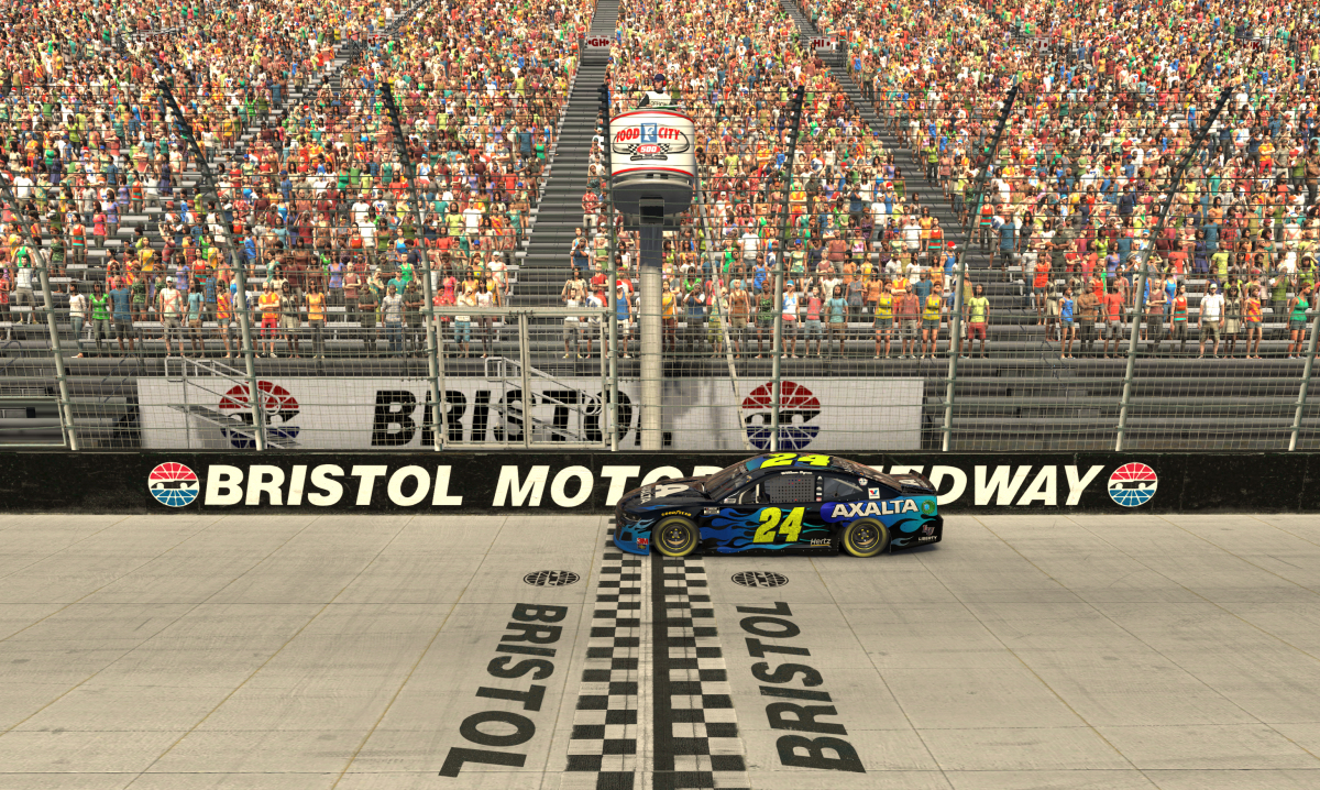 BRISTOL, TENNESSEE - APRIL 05: (EDITORIAL USE ONLY) (Editors note: This image was computer generated in-game) William Byron, driver of the #24 Axalta Chevrolet, wins at Bristol Motor Speedway on April 05, 2020 in Bristol, Tennessee. (Photo by Chris Graythen/Getty Images)