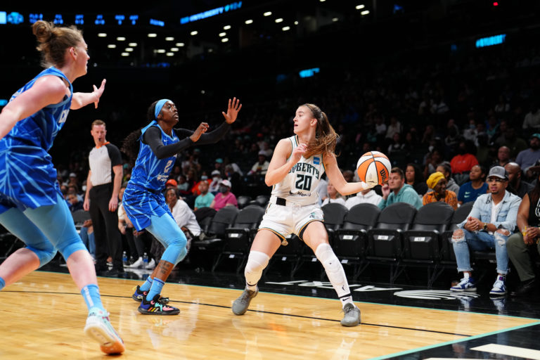 BROOKLYN, NY - JUNE 12: Sabrina Ionescu #20 of the New York Liberty looks to pass the ball during the game against the Chicago Sky on June 12, 2022 at the Barclays Center in Brooklyn, New York. NOTE TO USER: User expressly acknowledges and agrees that, by downloading and or using this photograph, user is consenting to the terms and conditions of the Getty Images License Agreement. Mandatory Copyright Notice: Copyright 2022 NBAE (Photo by Evan Yu/NBAE via Getty Images)