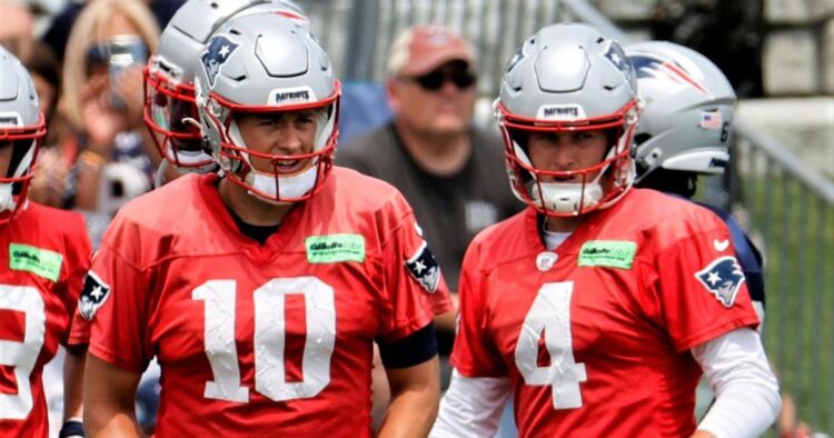 FOXBOROUGH, MA - JULY 30: New England Patriots quarterback Mac Jones (10) leads the team in agility drills during New England Patriots Training Camp on July 30, 2023, at the Patriots Practice Facility at Gillette Stadium in Foxborough, Massachusetts. (Photo by Fred Kfoury III/Icon Sportswire via Getty Images)