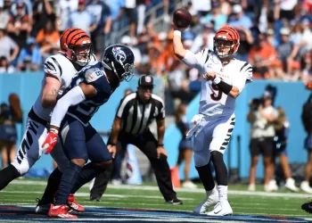 Oct 1, 2023; Nashville, Tennessee, USA; Cincinnati Bengals quarterback Joe Burrow (9) attempts a pass during the first half against the Tennessee Titans at Nissan Stadium.