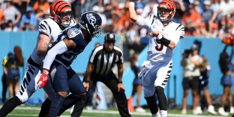 Oct 1, 2023; Nashville, Tennessee, USA; Cincinnati Bengals quarterback Joe Burrow (9) attempts a pass during the first half against the Tennessee Titans at Nissan Stadium.