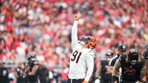 DE Trey Hendrickson celebrates during the Bengals-Cardinals game in Week 5 of the 2023 season.