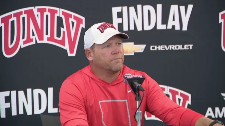 NLV head coach Barry Odom talks to reporters during his weekly press conference on Monday, Sept. 11, 2023. (KSNV)