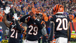 Bengals CB Cam Taylor-Britt celebrates during Sunday Night Football against the Buffalo Bills at Paycor Stadium in Week 9 of the 2023 season