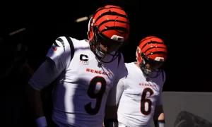 Joe Burrow #9 and Jake Browning #6 of the Cincinnati Bengals walk onto the field prior to a game against the San Francisco 49ers at Levi's Stadium on October 29, 2023 in Santa Clara, California. (Photo by Loren Elliott/Getty Images)