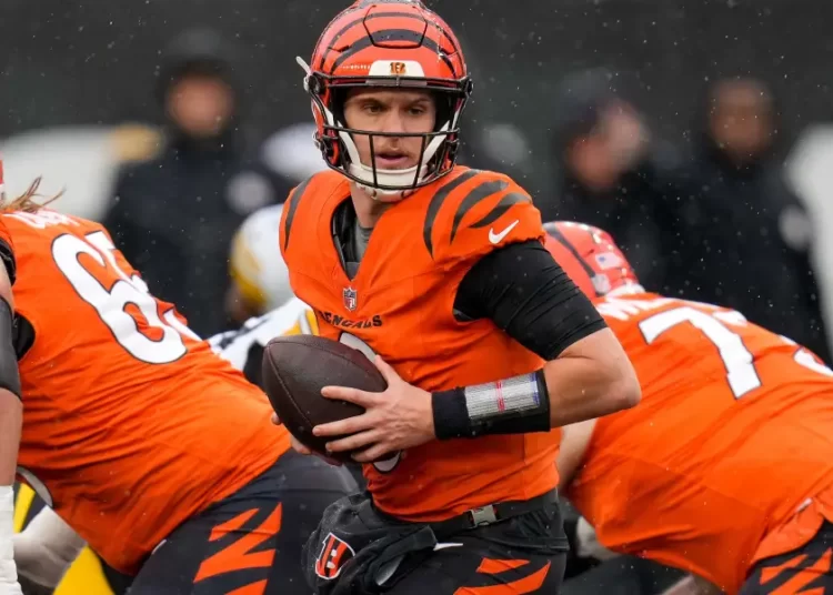 Cincinnati Bengals quarterback Jake Browning (6) drops back with the ball in the first quarter of the NFL Week 12 game between the Cincinnati Bengals and the Pittsburgh Steelers at Paycor Stadium in Cincinnati on Sunday, Nov. 26, 2023.