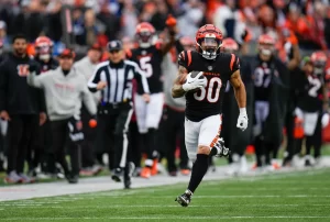 Cincinnati Bengals running back Chase Brown scores a touchdown in the first quarter during a Week 14 NFL game between the Indianapolis Colts and the Cincinnati Bengals, Sunday, Dec. 10, 2023, at Paycor Stadium in Cincinnati. Cara Owsley/The Enquirer 