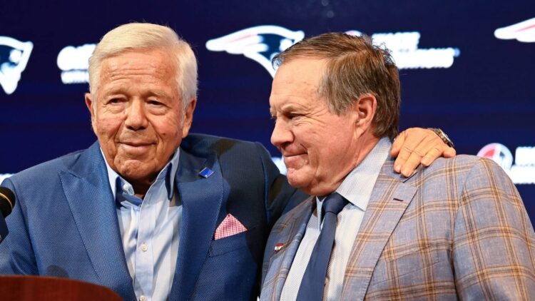 New England Patriots former head coach Bill Belichick (right) embraces Patriots owner Robert Kraft (left). Eric Canha-USA TODAY Sports